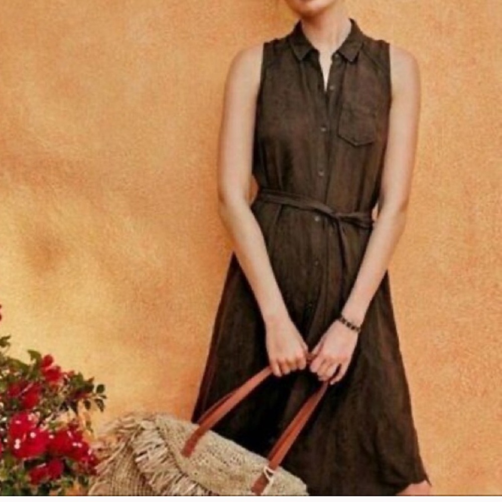 Elegant Anthropologie Olive Green Sleeveless shirt Dress - Picture 3 of 13